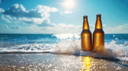 Poster - Beer bottles sitting on a serene beach, golden liquid sparkling as gentle waves crash onto the bottles, framed by a peaceful ocean and bright blue sky