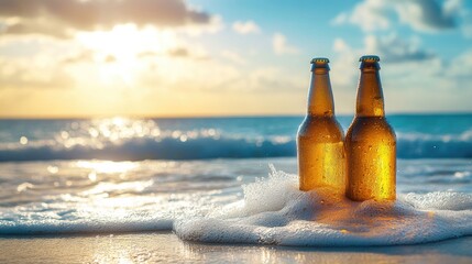 Poster - Beer bottles sitting on a serene beach, golden liquid sparkling as gentle waves crash onto the bottles, framed by a peaceful ocean and bright blue sky