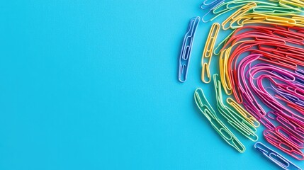 Poster - Bright paper clips forming a rainbow arc across a turquoise backdrop, creating an organized and cheerful visual perfect for office or school-themed designs