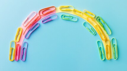 Poster - Bright paper clips forming a rainbow arc across a turquoise backdrop, creating an organized and cheerful visual perfect for office or school-themed designs