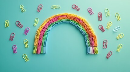 Poster - Bright paper clips forming a rainbow arc across a turquoise backdrop, creating an organized and cheerful visual perfect for office or school-themed designs