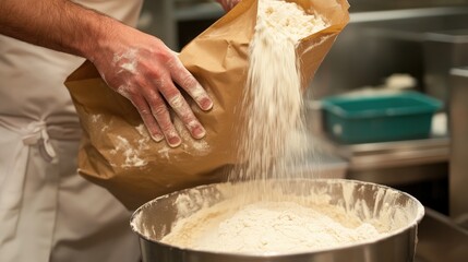 Poster - Close-up of a bakery chef hands pouring flour from a brown paper bag into a large mixing bowl, highlighting the preparation of fresh dough
