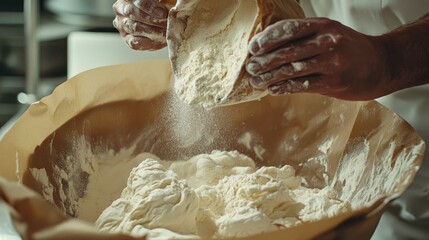 Poster - Close-up of a bakery chef hands pouring flour from a brown paper bag into a large mixing bowl, highlighting the preparation of fresh dough