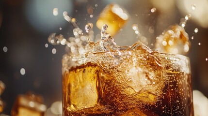 Poster - Close-up of ice cubes splashing into a cold beverage, with droplets of water flying, creating an action-filled scene that leaves room for copy or text