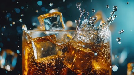 Poster - Close-up of ice cubes splashing into a cold beverage, with droplets of water flying, creating an action-filled scene that leaves room for copy or text