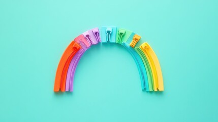 Poster - Colorful paper clips arranged in a perfect rainbow on a turquoise background, offering a vibrant and organized visual for creative projects