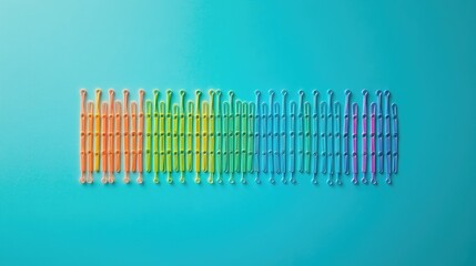Poster - Colorful paper clips arranged in a perfect rainbow on a turquoise background, offering a vibrant and organized visual for creative projects