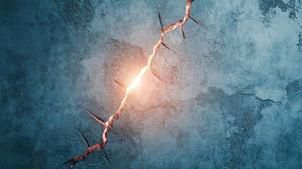 Poster - Cracked concrete wall with a glowing white rupture, revealing red bricks beneath the surface, symbolizing structural damage