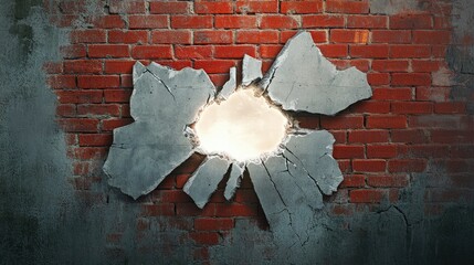 Poster - Concrete wall cracked with a glowing white hole revealing red bricks underneath, illustrating a dramatic break or collapse