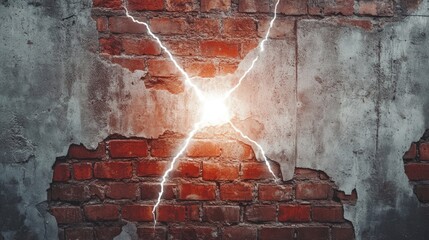 Poster - Cracked concrete wall with a glowing white rupture, revealing red bricks beneath the surface, symbolizing structural damage