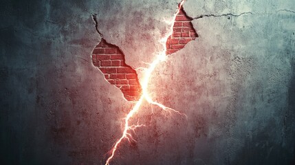 Poster - Cracked concrete wall with a glowing white rupture, revealing red bricks beneath the surface, symbolizing structural damage
