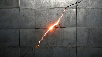 Poster - Cracked concrete wall with a glowing white rupture, revealing red bricks beneath the surface, symbolizing structural damage