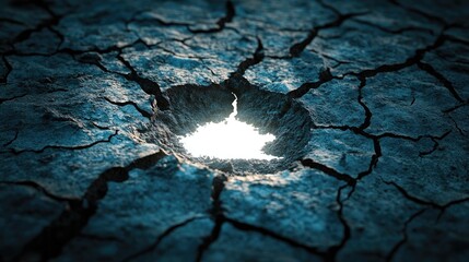 Poster - Cracked mud stretching outward with a luminous white hole forcing its way through the dry earth, symbolizing transformation