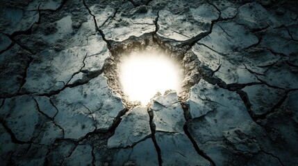 Poster - Cracked mud stretching outward with a luminous white hole forcing its way through the dry earth, symbolizing transformation