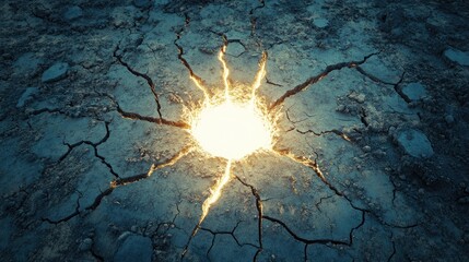 Poster - Cracked mud stretching outward with a luminous white hole forcing its way through the dry earth, symbolizing transformation