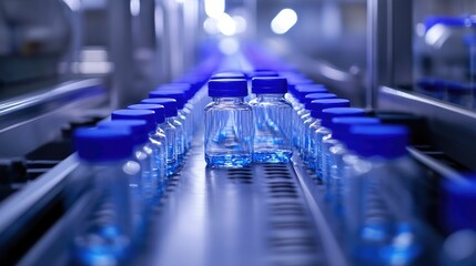 Poster - Crystal-clear water bottles with blue caps traveling down an automated assembly line under soft lighting, highlighting the precision and efficiency of production