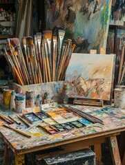 Poster - Creative workspace filled with artist brushes, vibrant paints, and blank canvases waiting for inspiration. Generative AI