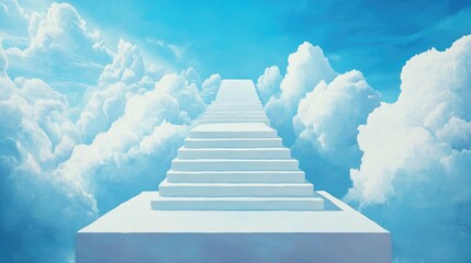 Aufkleber - Endless white steps stretch into the serene blue sky, surrounded by soft clouds, evoking a peaceful and surreal atmosphere of infinite ascent