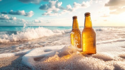 Poster - Golden beer bottles on white sand at the beach, with seawater lapping at the bottles, under a calm ocean and a wide blue sky