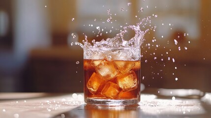 Poster - Ice cubes splashing into a refreshing beverage on a table, frozen in action, creating space for creative copy or design in an exciting composition