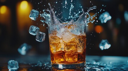 Poster - Ice cubes splashing into a refreshing beverage on a table, frozen in action, creating space for creative copy or design in an exciting composition