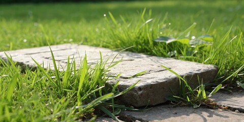 Poster - A Close-Up of a Stone Path Surrounded by Lush Green Grass in a Tranquil Garden Setting
