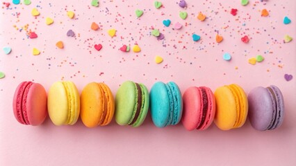 Poster - A row of colorful macarons arranged in a rainbow pattern on a pink background with sprinkles