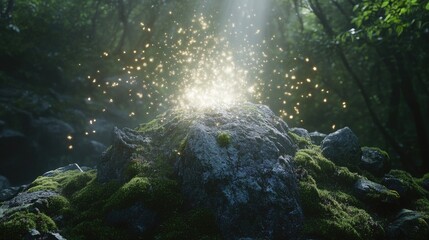 Poster - Radiant white light emerges from a moss-covered rock, breaking through with glowing fragments and displaced moss around it