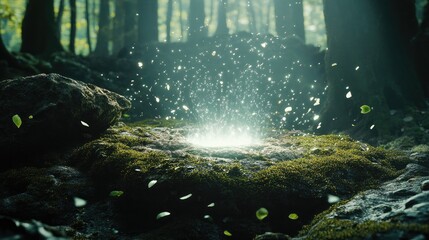 Poster - Radiant white light emerges from a moss-covered rock, breaking through with glowing fragments and displaced moss around it