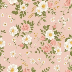 Poster - Floral pattern featuring colorful roses and daisies on a soft pink background for decorative purposes. Generative AI