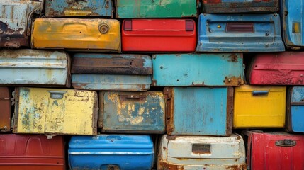 Poster - Stacked car doors in various bright colors, their surfaces weathered by years of exposure to the elements, creating a dramatic scrapyard scene