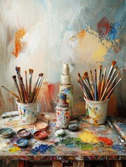 Poster - Creative workspace with artist brushes, colorful paints, and canvases ready for artistic expression. Generative AI