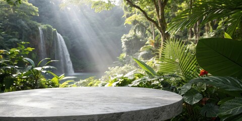 Poster - A stone tabletop with a blurred background of a serene waterfall cascading into a tranquil pool surrounded by lush tropical foliage bathed in sunlight