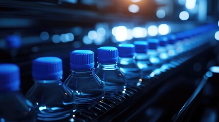 Poster - Water bottles with blue caps traveling through an automated assembly line under soft lighting, capturing the streamlined motion and clean design of production
