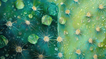 Poster - Water droplets on cactus spines, capturing the vibrant green and sparkling details in a post-rain desert scene that highlights nature beauty