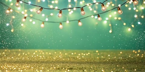 Poster - Sparkling Gold Glitter and String Lights Against a Teal Background