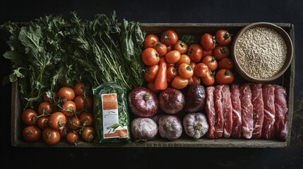 Poster - Fresh vegetables, succulent meat, and grains arranged neatly on a rustic wooden tray for a wholesome meal prep. Generative AI