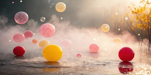 Poster - A surreal dreamscape with floating balloons amidst a misty haze, reflecting the soft glow of dawn