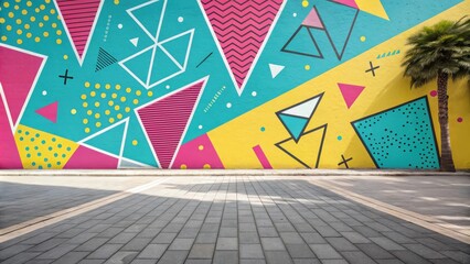 Poster - A vibrant street wall painted with geometric shapes and patterns, featuring bright colors like turquoise, pink, and yellow, standing tall against a gray tiled sidewalk.