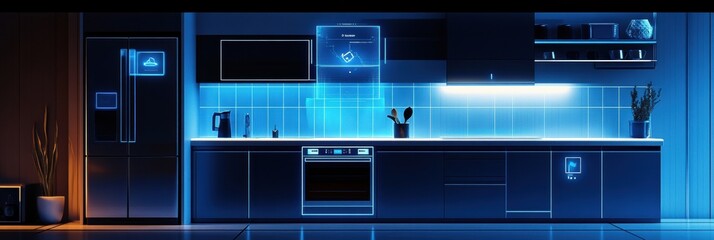 Aufkleber - This contemporary kitchen features smart appliances and blue ambient lighting, enhancing the modern design and technology integration. Generative AI