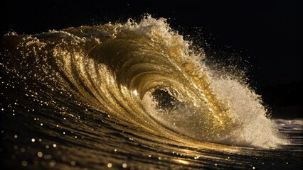 Poster - A Golden Wave Breaks Against a Black Backdrop, Capturing the Ephemeral Beauty of a Sun-Kissed Moment