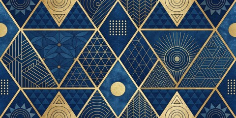 Leinwandbilder - Abstract geometric pattern with intricate gold lines on a deep blue background