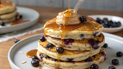 Poster - A stack of golden brown pancakes drizzled with maple syrup, topped with a dollop of butter and blueberries on a white plate.