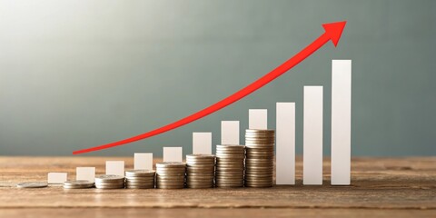 Aufkleber - A Red Arrow Points Upward Over A Bar Graph Represented By Stacked Coins, Indicating Growth And Financial Success