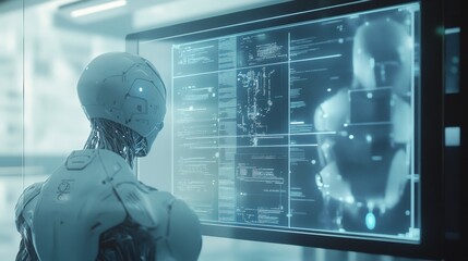 Fototapete - Collaboration between human and artificial intelligence enhances task performance in modern workspace. Generative AI