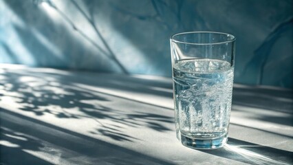 Poster - A glass of sparkling water with sunlight shining through it on a white surface with blurry shadows of leaves in the background.