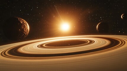 Poster - A beautiful planet with sparkling rings, bathed in sunlight from a nearby star, set against the backdrop of a vast, dark universe with other celestial bodies