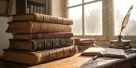 Poster - A stack of antique leather-bound books, a quill pen, and an open journal sit on a wooden desk bathed in golden sunlight, dust motes dancing in the air.