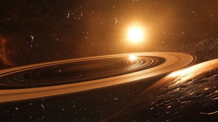 Poster - A beautiful planet with sparkling rings, bathed in sunlight from a nearby star, set against the backdrop of a vast, dark universe with other celestial bodies