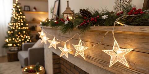 Poster - Warm, glowing star-shaped lights adorn a wooden mantel, creating a festive ambiance for the holiday season.